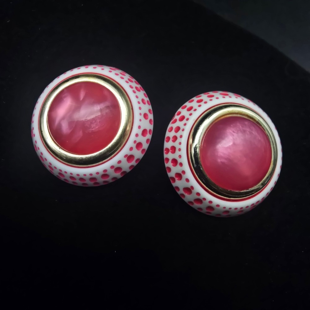 Pink Polka Dot Clip On Earrings Round Vintage Costume Jewelry